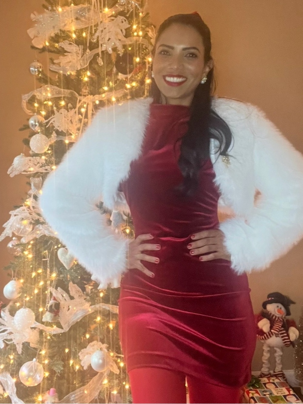 Zara Red Velvet Long-Sleeve Holiday Dress with White Faux-Fur Shrug